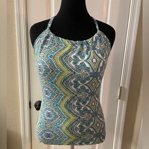 Prana Size XL Women’s Tank with built in shelf bra EUC blue green pattern
